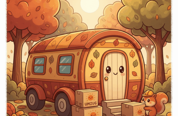 Ein farbenfrohes Wohnmobil mit herbstlichen Blättern und einem Eichhörnchen, das Kisten mit der Aufschrift 'UMZUG' trägt.