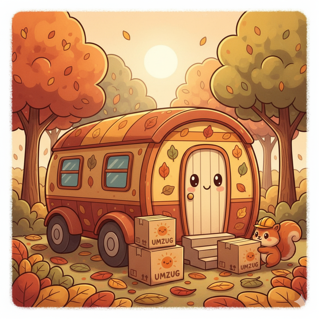 Ein farbenfrohes Wohnmobil mit herbstlichen Blättern und einem Eichhörnchen, das Kisten mit der Aufschrift 'UMZUG' trägt.