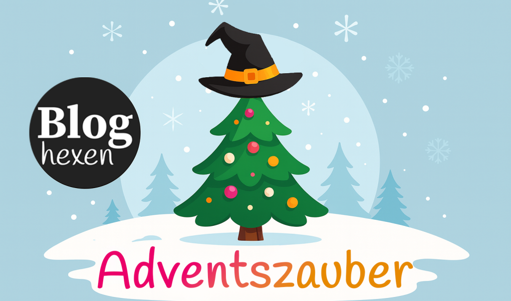 Bloghexen Adventszauber Logo: Ein festlicher Weihnachtsbaum mit einer Hexenhut-Dekoration und bunten Kugeln auf einem hellblauen Hintergrund.