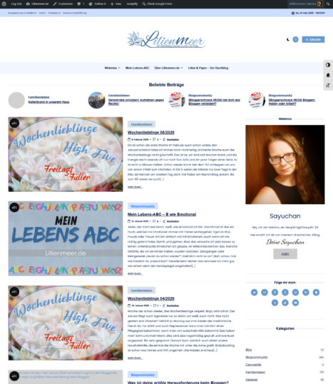 Screenshot der Lilienmeer.de Webseite mit verschiedenen Artikeln und einem Profilbild.