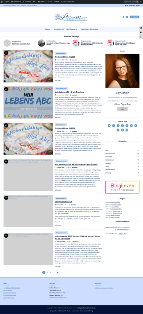 Screenshot der Lilienmeer.de Webseite mit verschiedenen Artikeln und einem Profilbild.