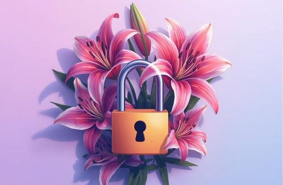 Ein orangefarbener Vorhängeschloss vor pinken Lilienblüten auf einem sanften lila Hintergrund.