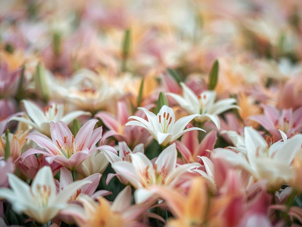 KI generiertes Bild einer Nahaufnahme von pastellfarbenen Lilien in Rosa, Wei&szlig; und Peach, mit gr&uuml;nen St&auml;ngeln. Bl&uuml;tenf&ouml;rmige Blumen mit orangefarbigen Staubgef&auml;&szlig;en im Vordergrund.