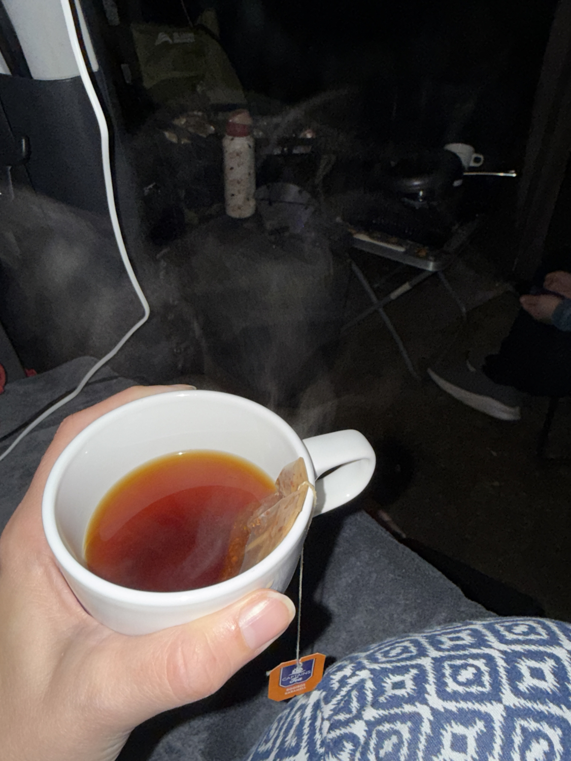 Eine Hand h&auml;lt eine wei&szlig;e Tasse mit bernsteinfarbenem Tee und Teebeutel; im dunklen Raum steht eine weitere Tasse auf einem Tisch.
